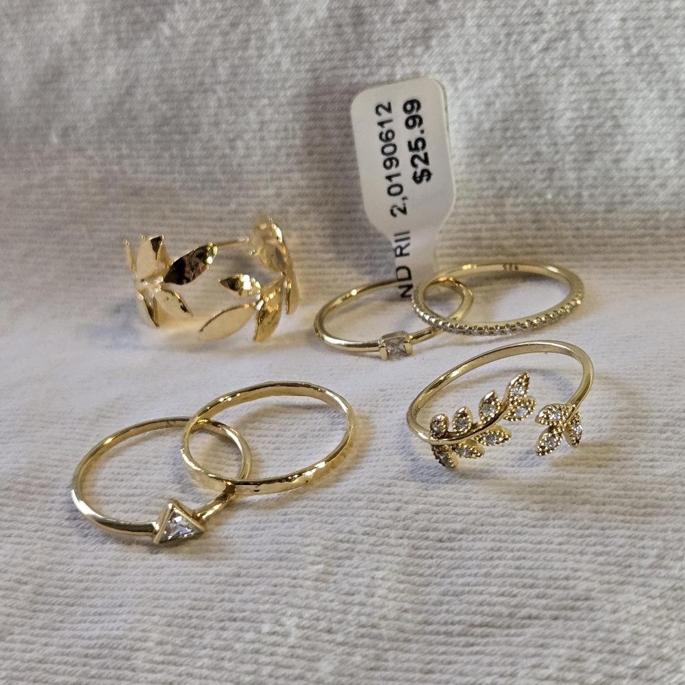 Gold Plate Stacking Rings SET CZ Crystal Sz7 Marcasite Leaf Engagement Ring